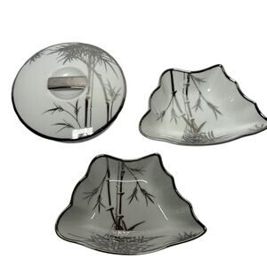 3 Kutani Silver Bamboo Porcelain Bowl Sugar Trinket Bowl w/Lid Two Candy Dishes
